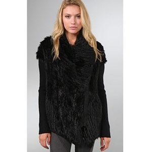 HELMUT LANG Black Rabbit Fur Knit Asymmetrical Zip-Up Sweater Jackets SZ M